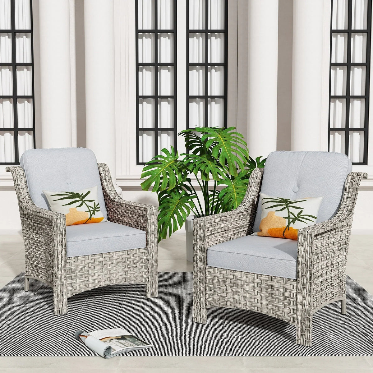 HOOOWOOO Set di 2 sedie da esterno per patio in vimini e rattan con schienale alto