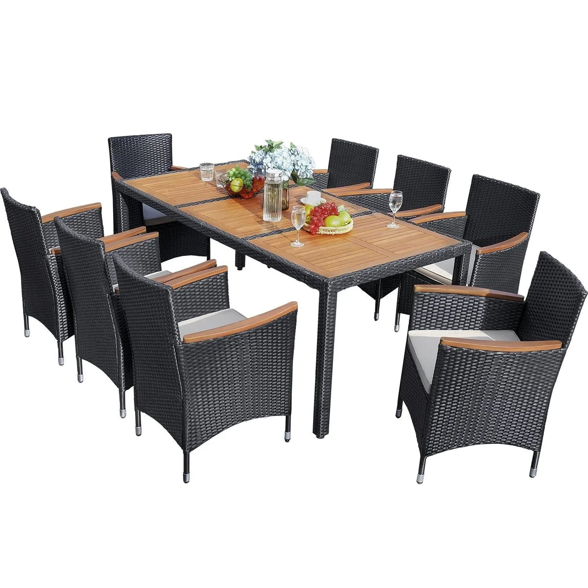 Set da pranzo da esterno Lacoo in vimini PE e legno di acacia
