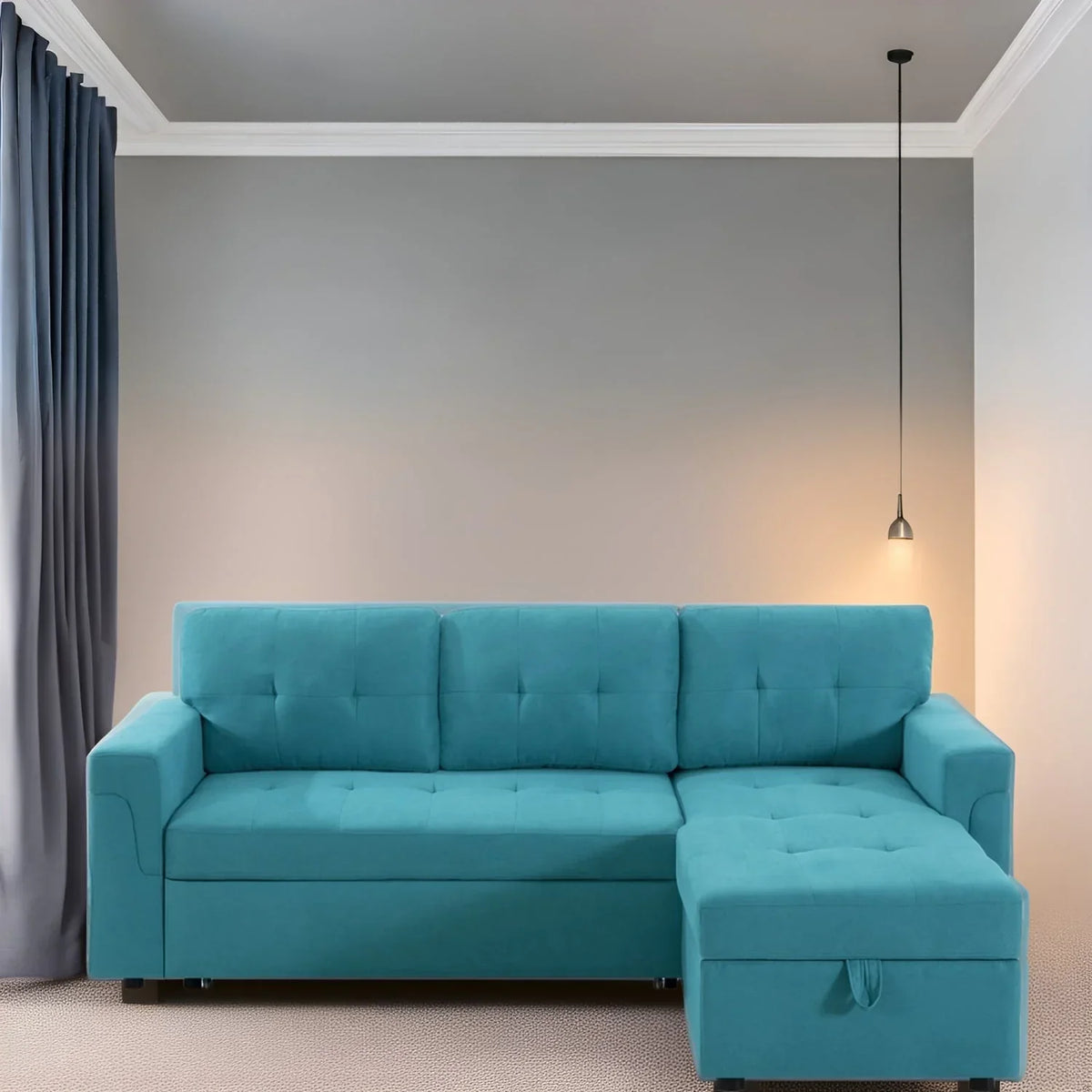 Umwandelbares, beidseitig montierbares Ecksofa mit ausziehbarem Schlafbett, verstecktem Stauraum in der Recamiere und robusten Beinen