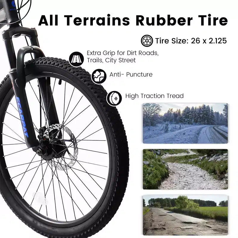 Okak 26 inch mountainbike met schijfremmen, 21 versnellingen, fiets voor volwassenen met duurzaam frame en dubbele vering achter, fiets voor stadsritten