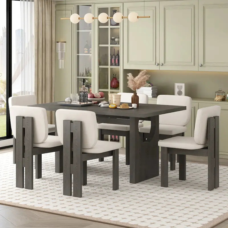 Set da pranzo da 7 pezzi, set da cucina in legno massello con tavolo rettangolare, base a cavalletto dal design ricercato e 6 sedie imbottite