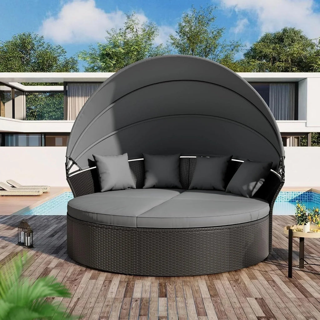 Nuon 4-/5-teiliges Outdoor-Lounge-Set für die Terrasse, Rattan-Tagesbett-Set mit Baldachin von Havenside Home