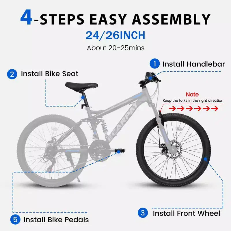 Okak 26 inch mountainbike met schijfremmen, 21 versnellingen, fiets voor volwassenen met duurzaam frame en dubbele vering achter, fiets voor stadsritten