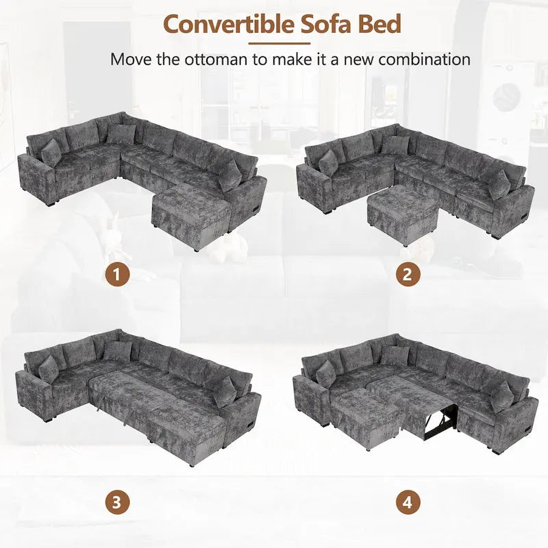 Divano componibile in ciniglia trasformabile in divano letto estraibile, divano letto ad angolo a L con pouf contenitore, 3 cuscini e dispositivi di ricarica