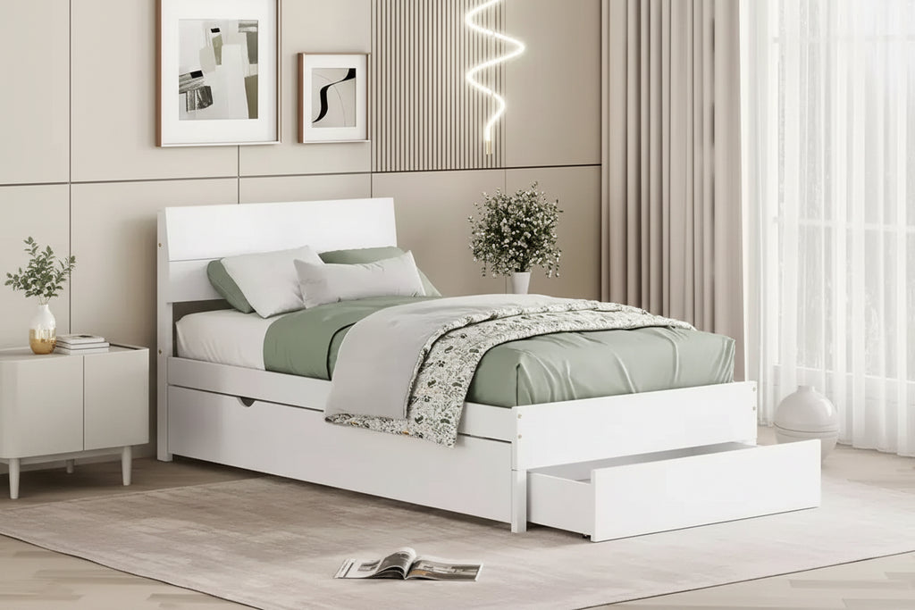Modern Twin Bed Frame With Twin Trundle, Solid Wood Platform Bed With Headboard, No Box Spring Needed, Wooden Slats Supports, White