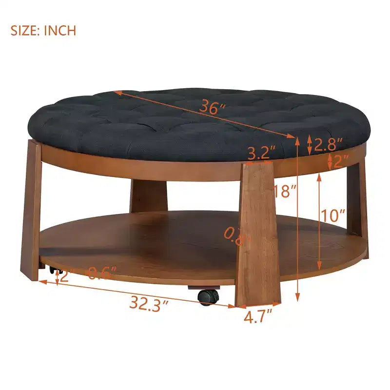 Tavolino da caffè ottomano a 2 livelli per soggiorno, tavolino accentato in lino da 36 pollici, pouf imbottito oversize con base in legno di caucciù
