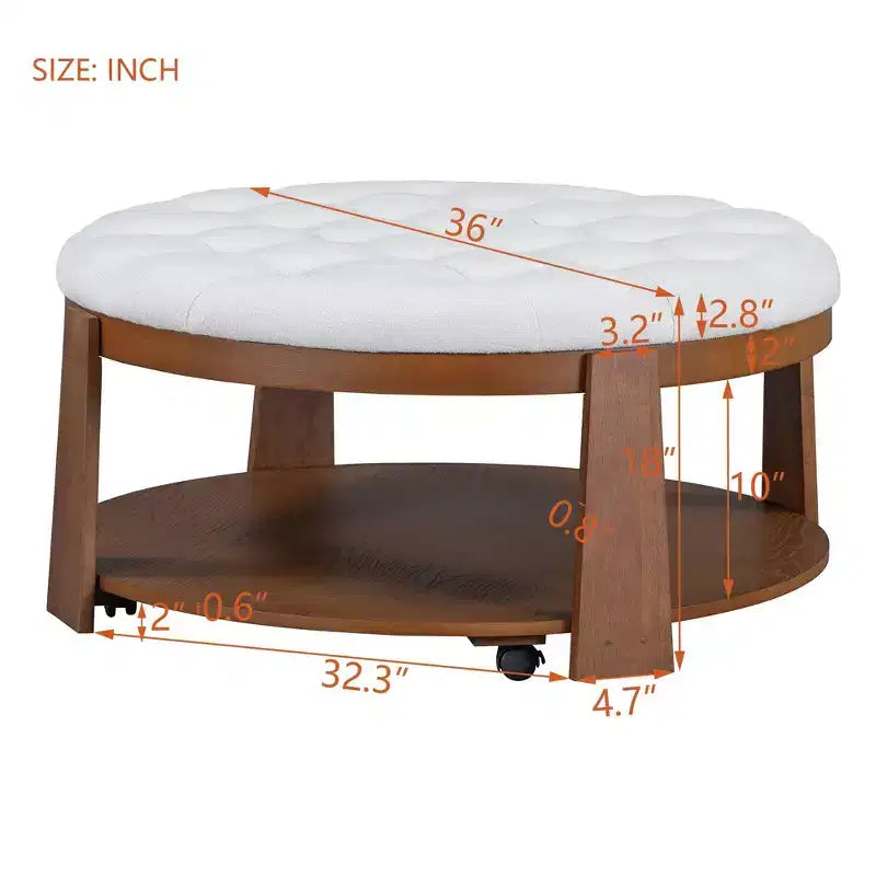 Tavolino da caffè ottomano a 2 livelli per soggiorno, tavolino accentato in lino da 36 pollici, pouf imbottito oversize con base in legno di caucciù