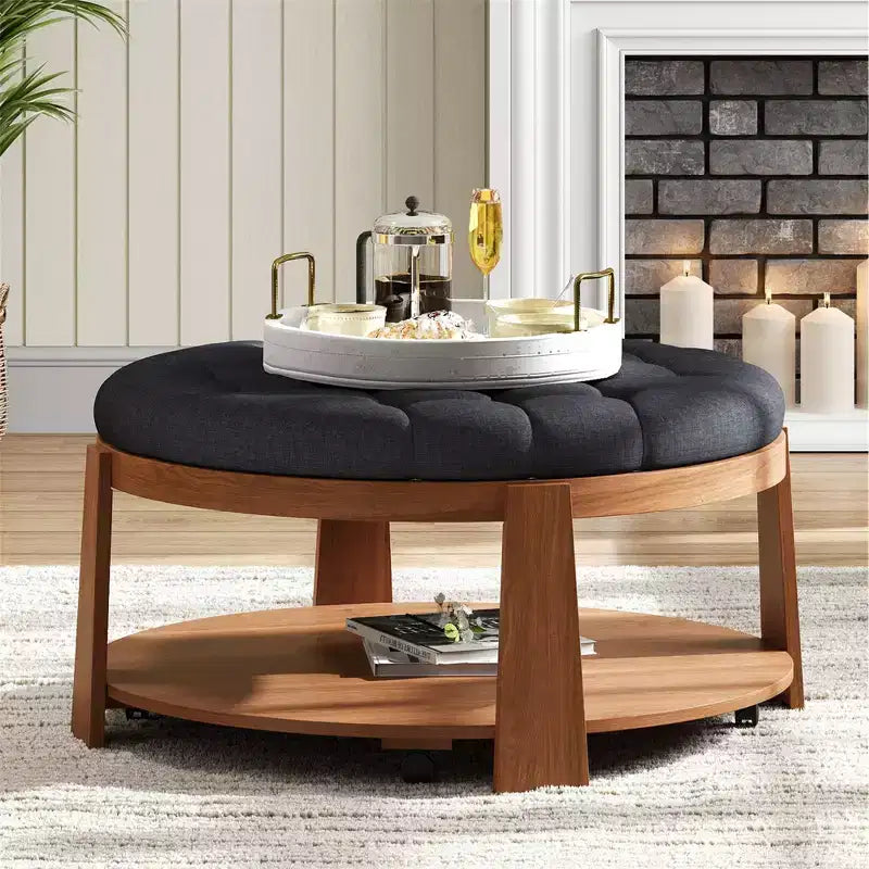 Tavolino da caffè ottomano a 2 livelli per soggiorno, tavolino accentato in lino da 36 pollici, pouf imbottito oversize con base in legno di caucciù