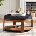 Tavolino da caffè ottomano a 2 livelli per soggiorno, tavolino accentato in lino da 36 pollici, pouf imbottito oversize con base in legno di caucciù