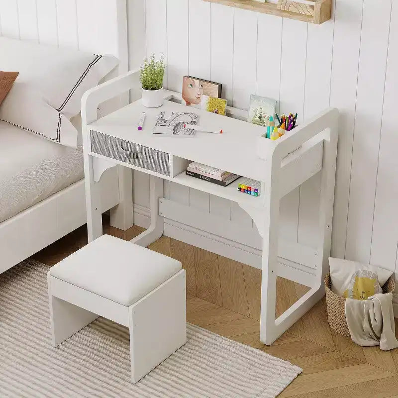 Scrivania e sedia per bambini - Tavolo da studio in legno con cassetto in tessuto, portapenne e sgabello imbottito per camera da letto, sala giochi e soggiorno