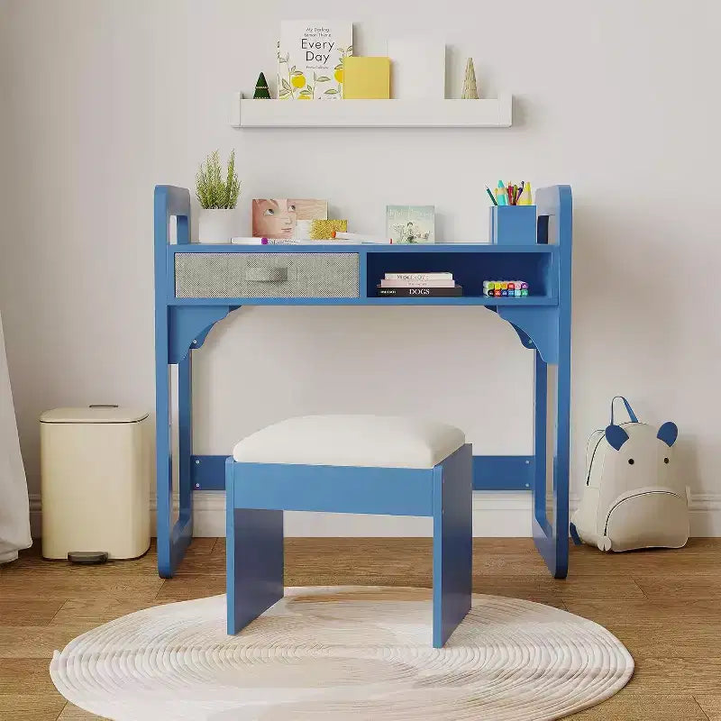 Scrivania e sedia per bambini - Tavolo da studio in legno con cassetto in tessuto, portapenne e sgabello imbottito per camera da letto, sala giochi e soggiorno