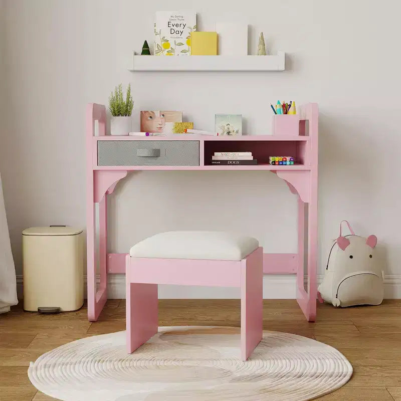 Scrivania e sedia per bambini - Tavolo da studio in legno con cassetto in tessuto, portapenne e sgabello imbottito per camera da letto, sala giochi e soggiorno
