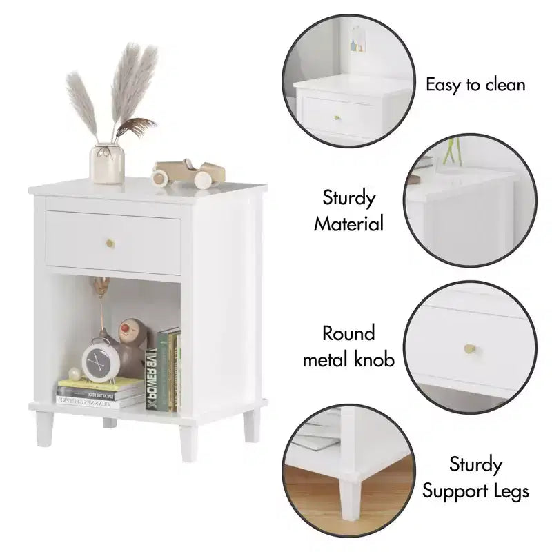 Comodino in Legno 26,77H con Cassetto e Ripiano Aperto,Tavolino da Notte con Maniglie in Metallo per Bambini,Adulti,Camere da Letto