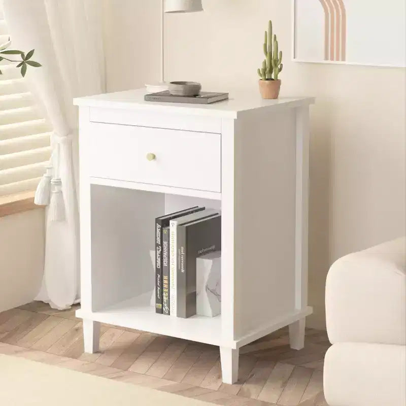 Comodino in Legno 26,77H con Cassetto e Ripiano Aperto,Tavolino da Notte con Maniglie in Metallo per Bambini,Adulti,Camere da Letto