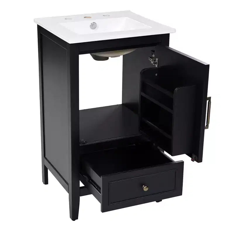 Mobiletto da bagno salvaspazio da 30 pollici con lavandino, mobiletto da terra in legno con cassetti e anta, nero
