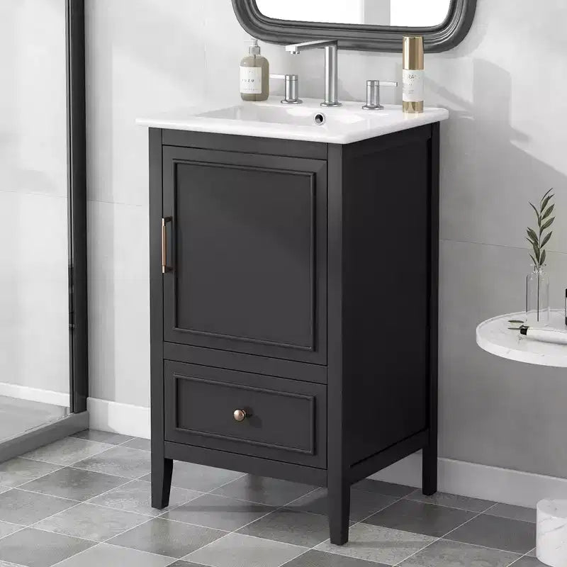 Mobiletto da bagno salvaspazio da 30 pollici con lavandino, mobiletto da terra in legno con cassetti e anta, nero