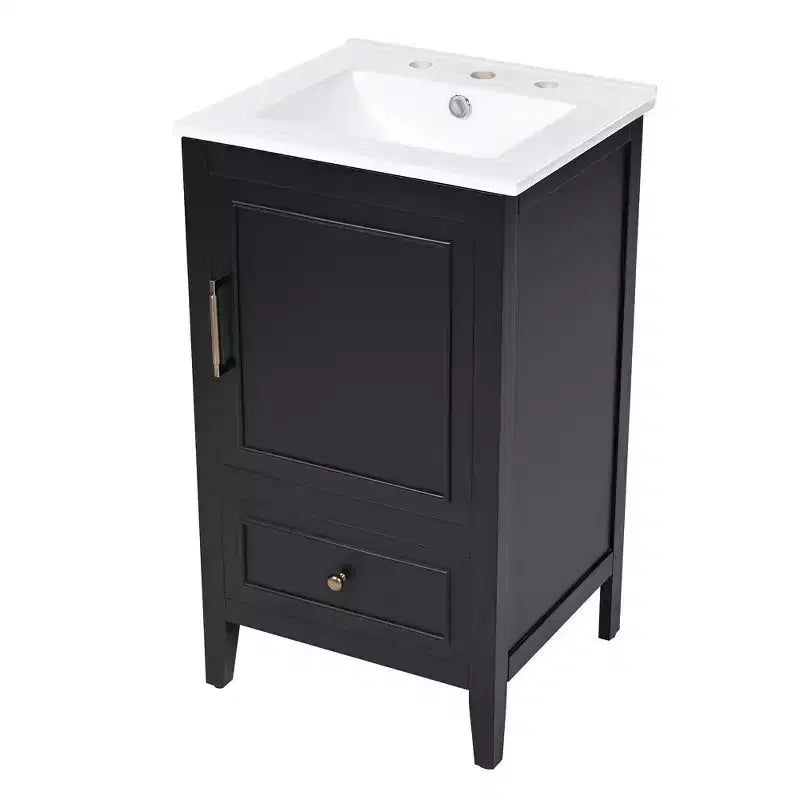 Mobiletto da bagno salvaspazio da 30 pollici con lavandino, mobiletto da terra in legno con cassetti e anta, nero