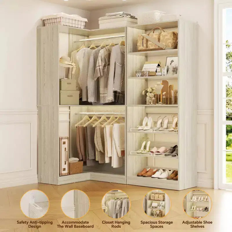 Organizzatore angolare per armadio con 2 aste appendiabiti, sistema cabina armadio con scarpiera