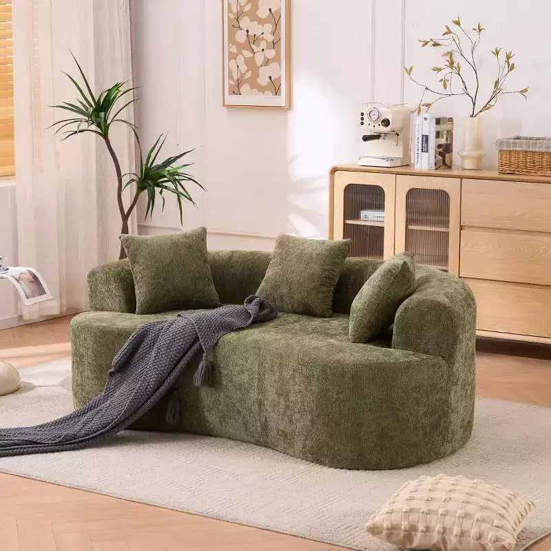 Divano moderno a mezzaluna con cuscini, divano-nuvola in ciniglia con seduta profonda per soggiorno o camera da letto, appartamento