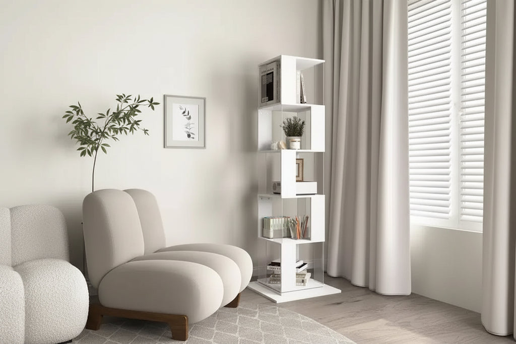Libreria Girevole a 360° a 6 Ripiani, Scaffale Stretto in Legno con Pannelli in Acrilico, Organizer da Terra per Camera da Letto, Soggiorno, Studio