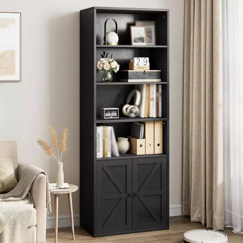 Librerie Alte in Legno a 4 Ripiani con Doppia Anta e 4 Ripiani Aperti, Vetrinette da Terra per Ufficio, Casa, Biblioteca, Nere