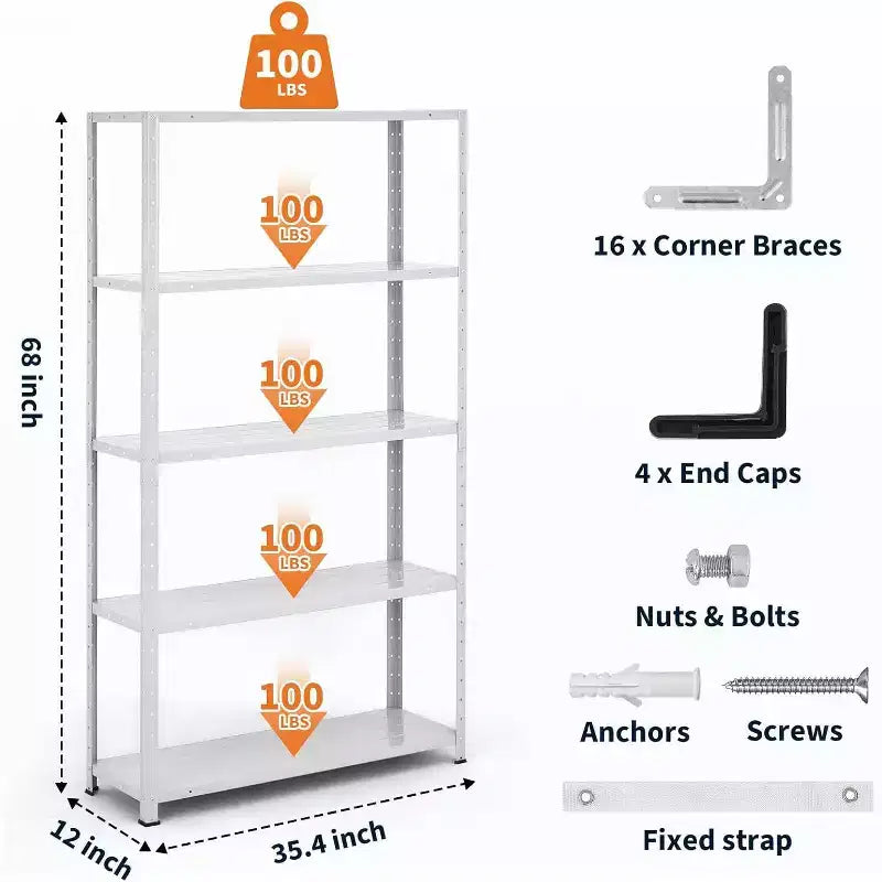 Scaffale a 5 ripiani in acciaio resistente, libreria alta, capacità 227 kg, scaffali da garage con altezza regolabile, scaffali in metallo per interni ed esterni