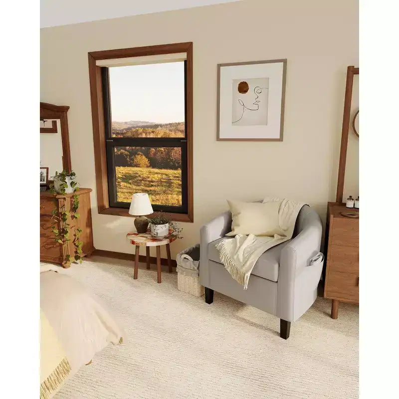 Poltrona a pozzetto, piccola poltrona con braccioli e cuscino in PU, 25x26.8x28, poltrona lounge in similpelle marrone, grigio e nero per spazi compatti
