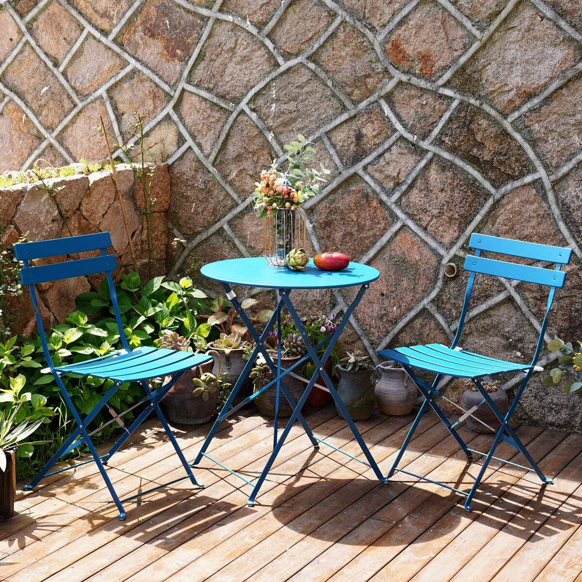 Set da bistrot pieghevole in metallo da 3 pezzi, resistente agli agenti atmosferici, per esterni/interni, patio, cortile e giardino