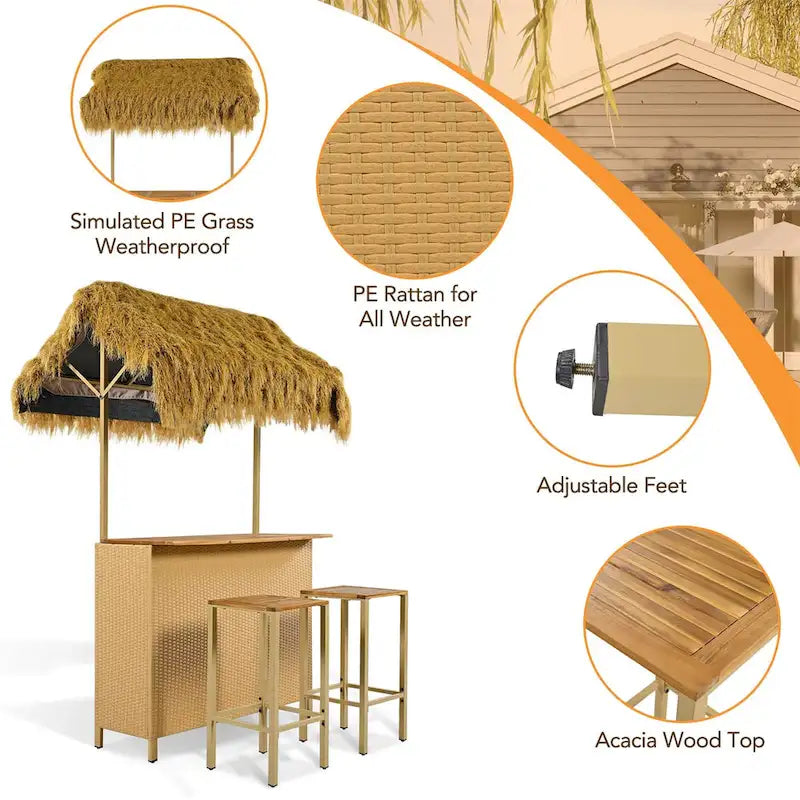 Set da esterno in stile hawaiano con tavolo alto da bar