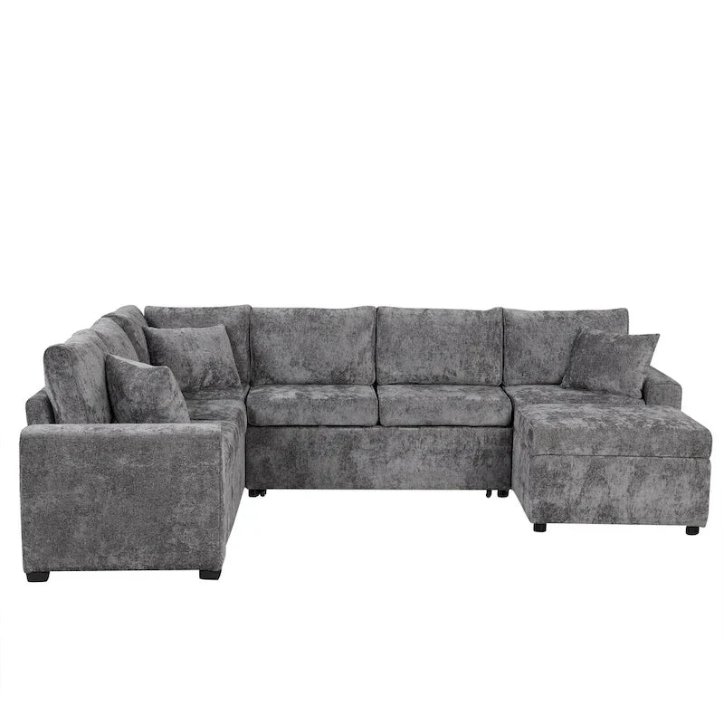 Divano componibile in ciniglia trasformabile in divano letto estraibile, divano letto ad angolo a L con pouf contenitore, 3 cuscini e dispositivi di ricarica