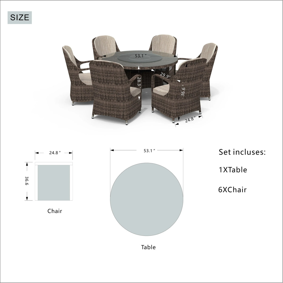 Set da pranzo rotondo da esterno in rattan intrecciato da 7 pezzi con cuscini di Moda Furnishings