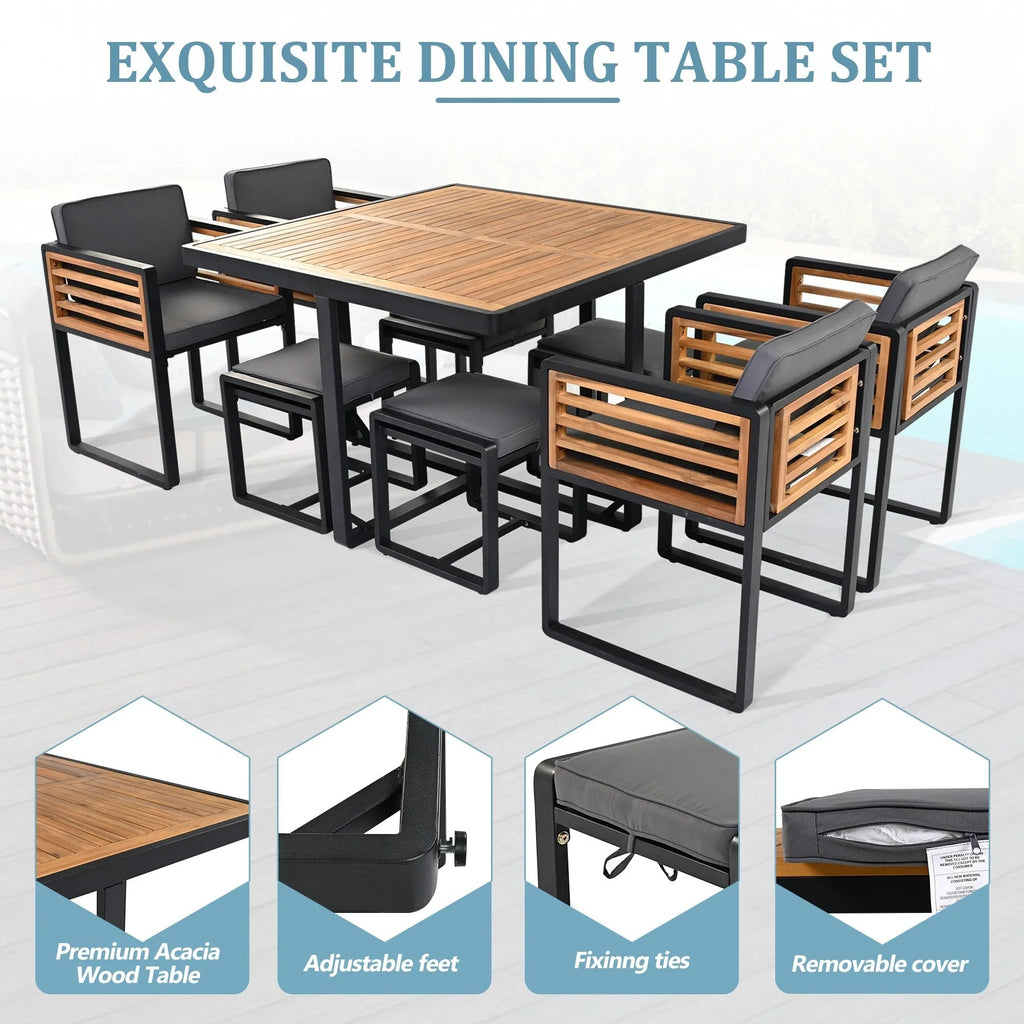 Set da pranzo da esterno in legno di acacia da 18 pezzi, 8 sedie imbottite, 8 pouf e 2 tavoli quadrati