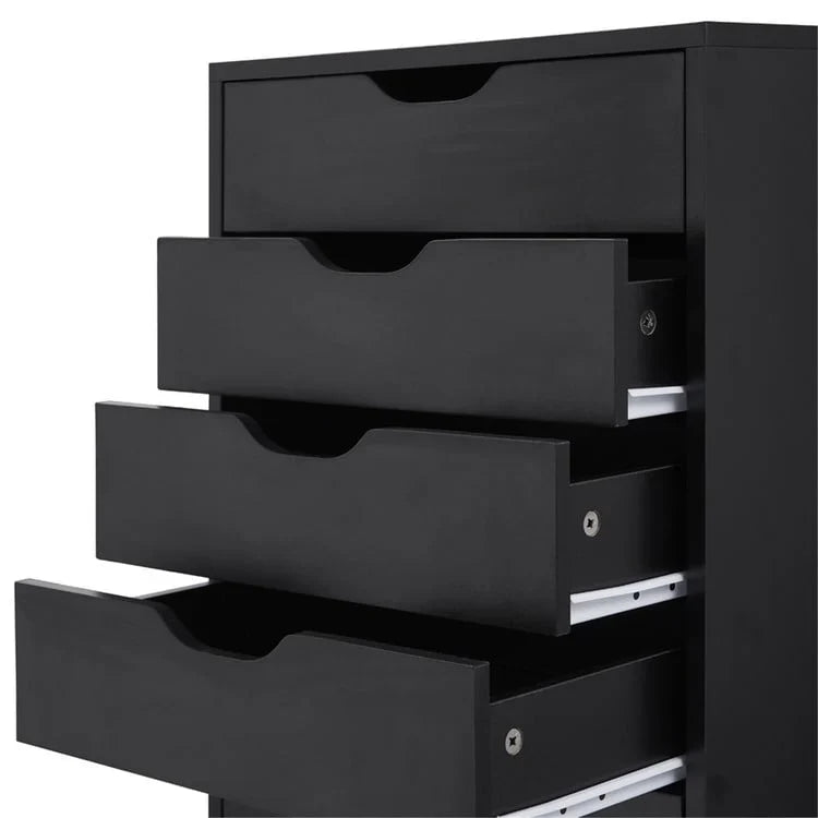 Mobile stretto in legno con 9 cassetti scorrevoli e ripiano superiore contenitore