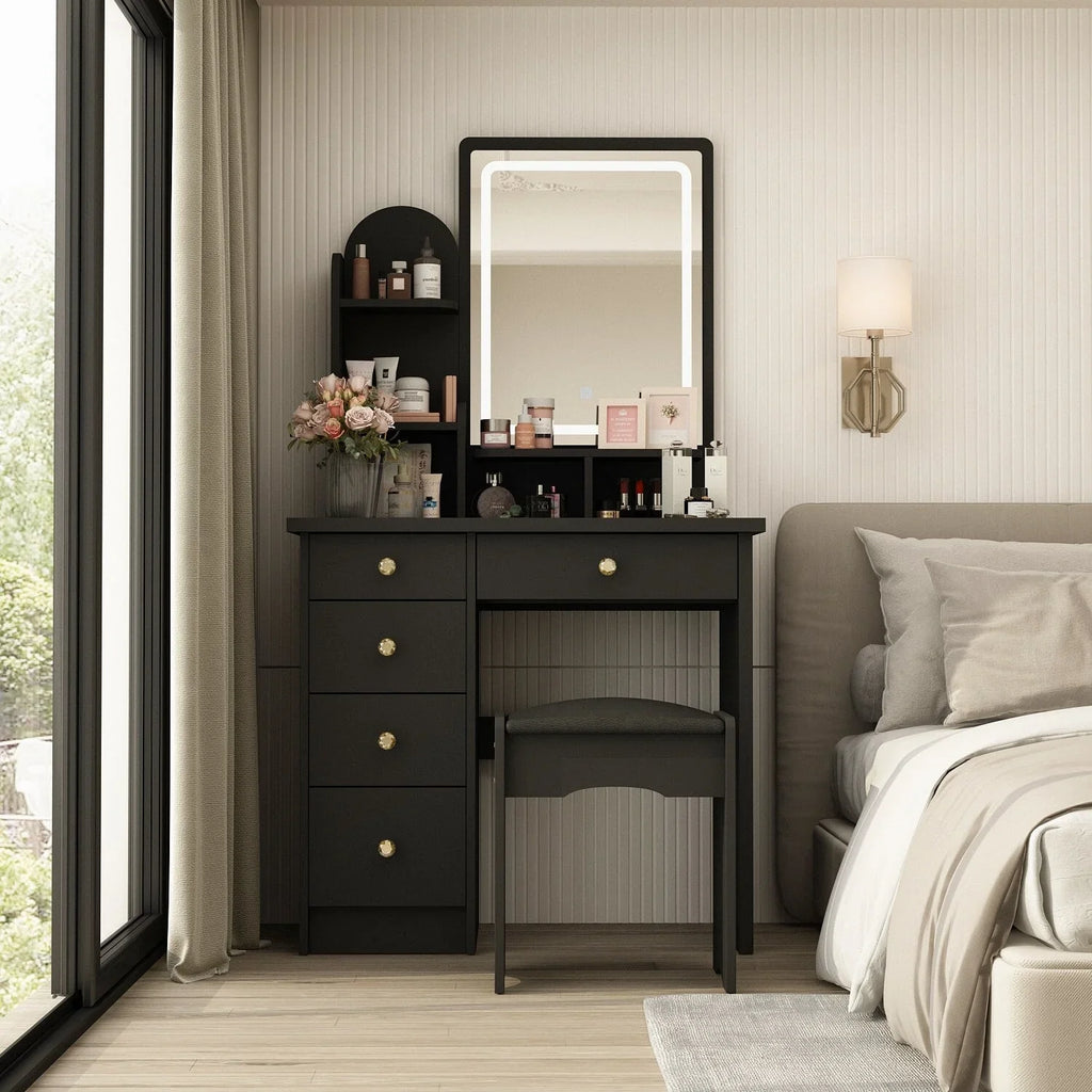 Make-uptafelset met ledverlichting, spiegel en kruk