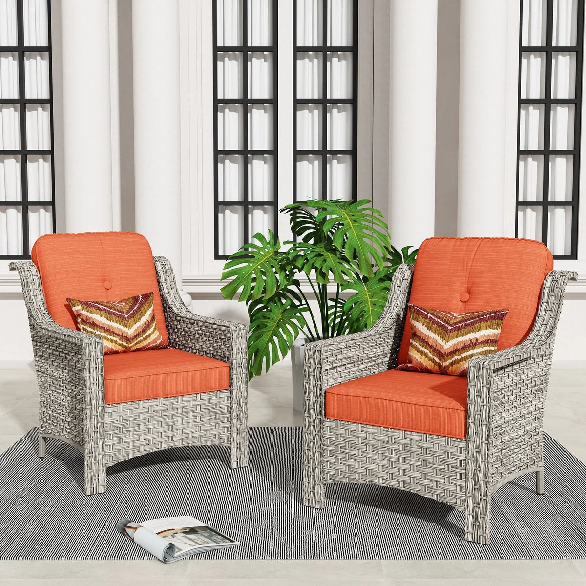 HOOOWOOO Set di 2 sedie da esterno per patio in vimini e rattan con schienale alto