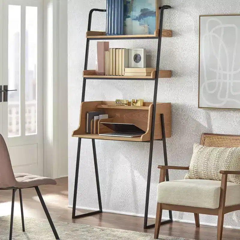 Scrivania Estanier con scaffali Naturale/Nero: Stile Industriale, Finitura Impiallacciata, Struttura in Metallo, Vano a Giorno