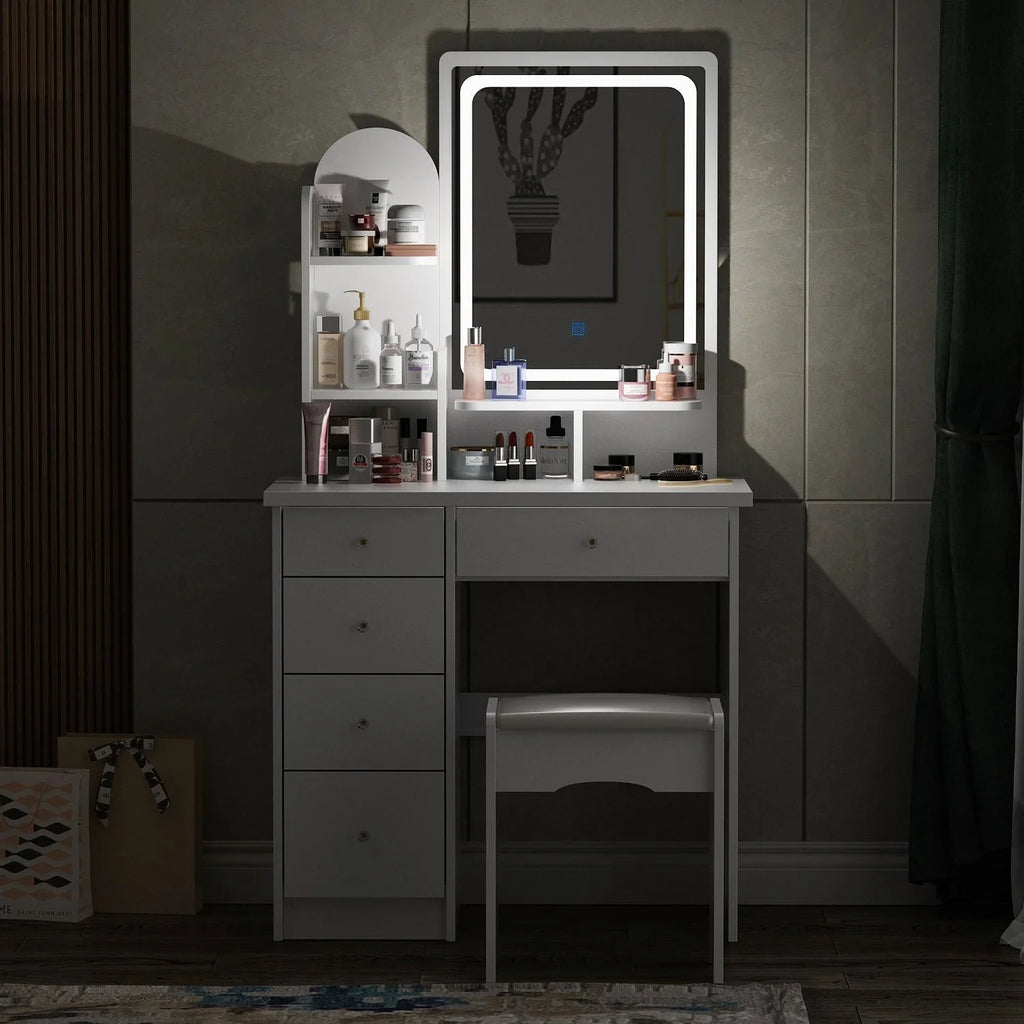 Make-uptafelset met ledverlichting, spiegel en kruk