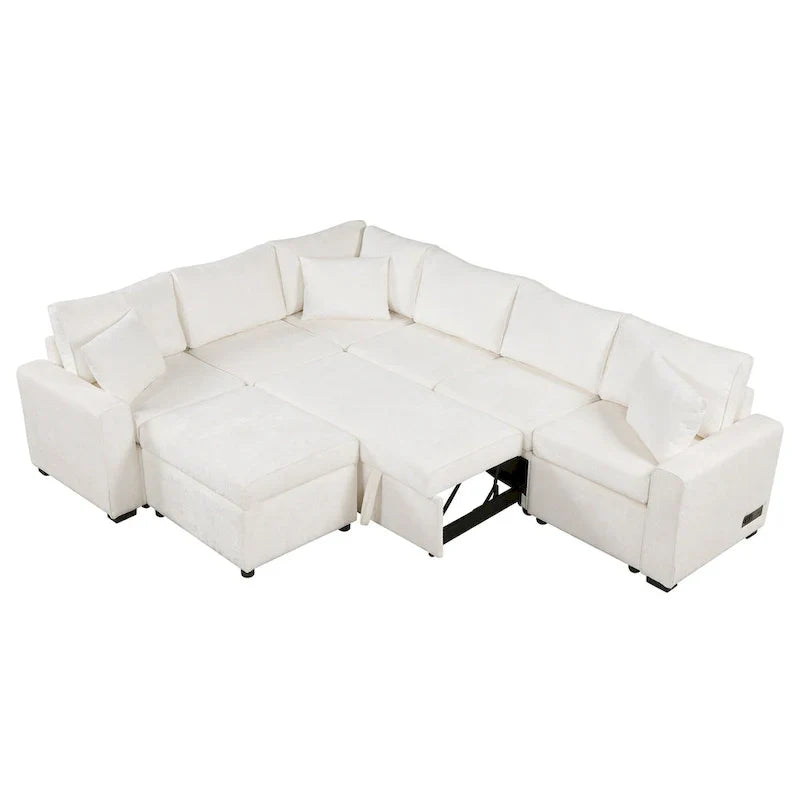 Divano componibile in ciniglia trasformabile in divano letto estraibile, divano letto ad angolo a L con pouf contenitore, 3 cuscini e dispositivi di ricarica