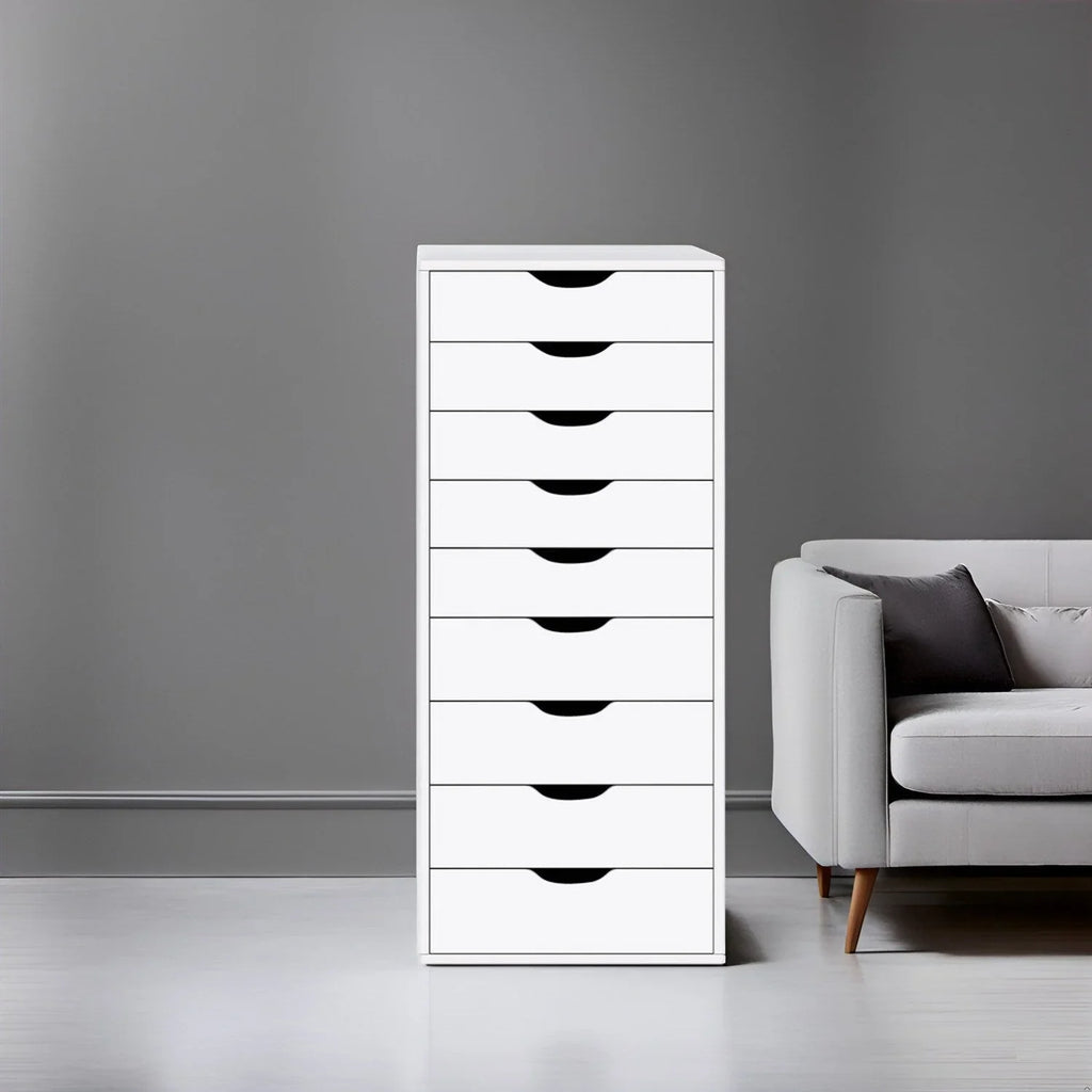 Schmaler Holzschrank mit 9 Schubladen, leichtgängigen Schubladen und oberem Ablagefach