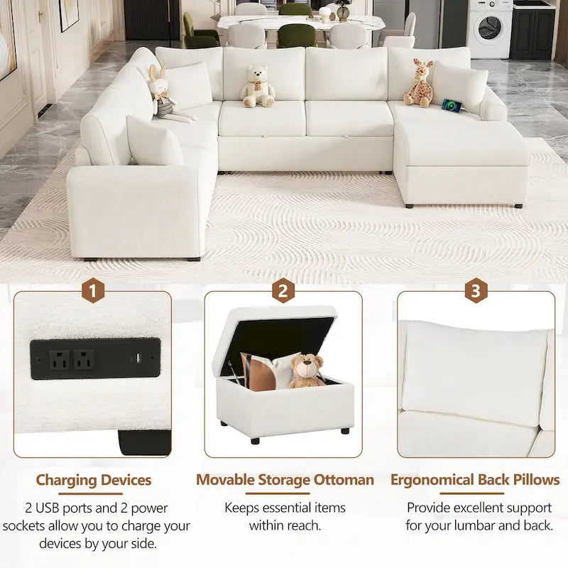 Divano componibile in ciniglia trasformabile in divano letto estraibile, divano letto ad angolo a L con pouf contenitore, 3 cuscini e dispositivi di ricarica