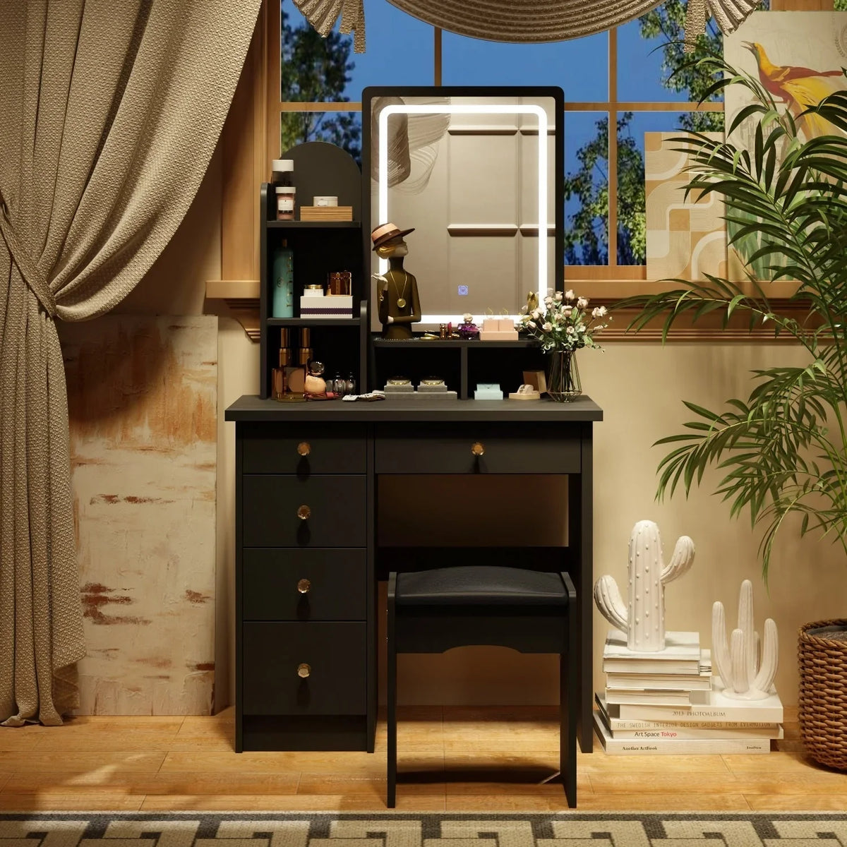 Make-uptafelset met ledverlichting, spiegel en kruk