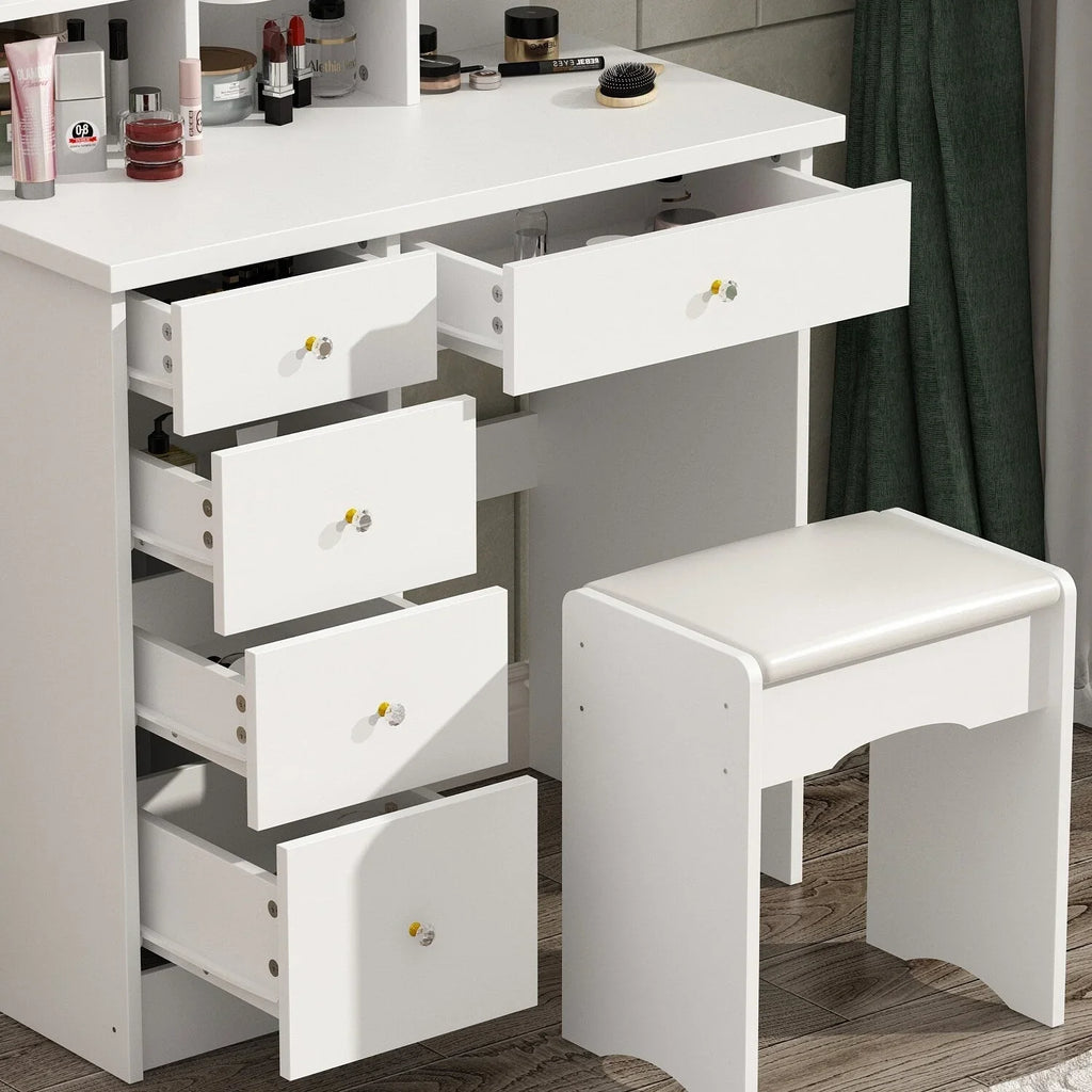 Make-uptafelset met ledverlichting, spiegel en kruk
