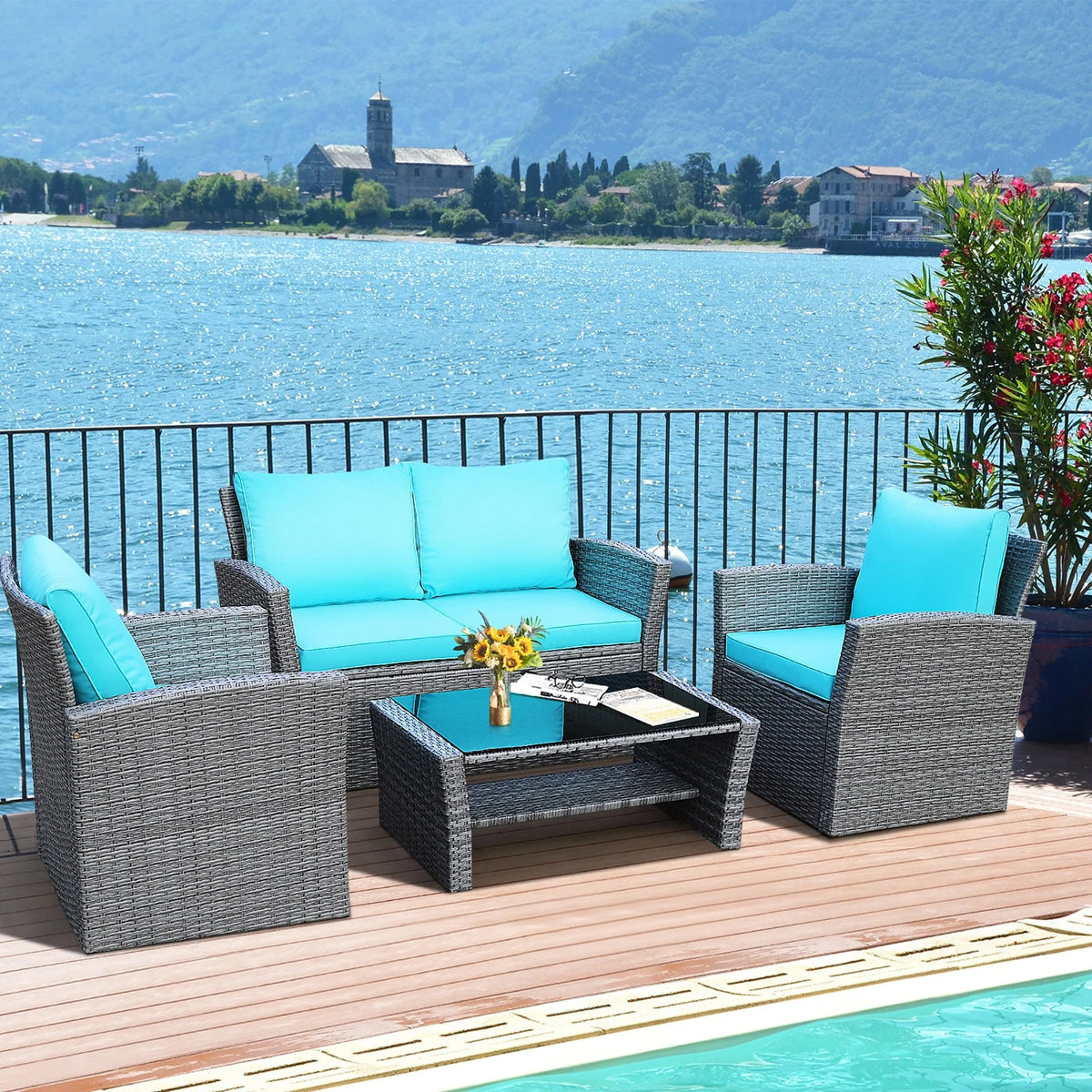 Set di divani da patio da 4 pezzi con tavolino da caffè, set di divani da esterno per conversazione