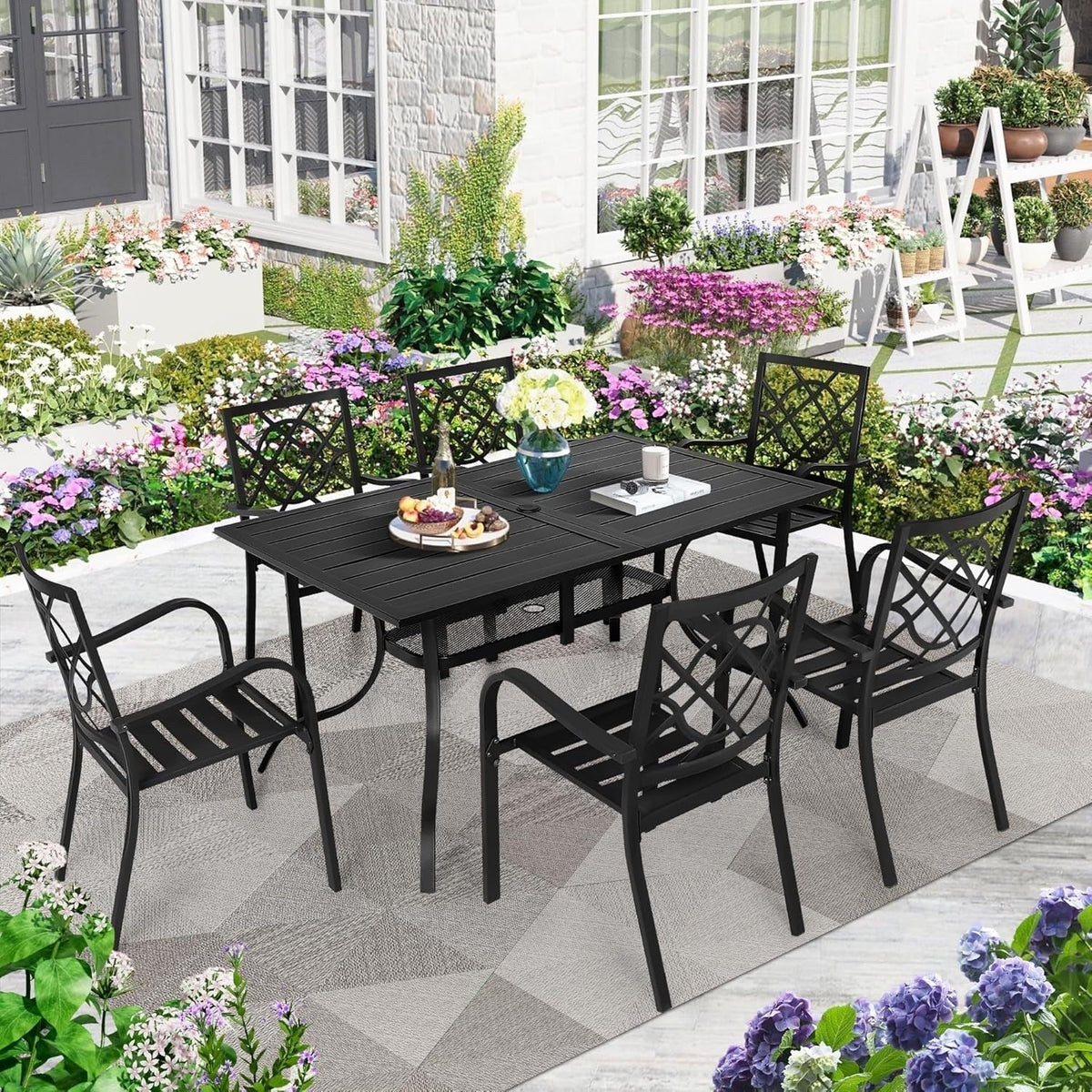 SUNCROWN 5/7-delige stalen tuin-eetsets, metalen tafel met lattenblad en stapelbare stoelen, gepoedercoat frame