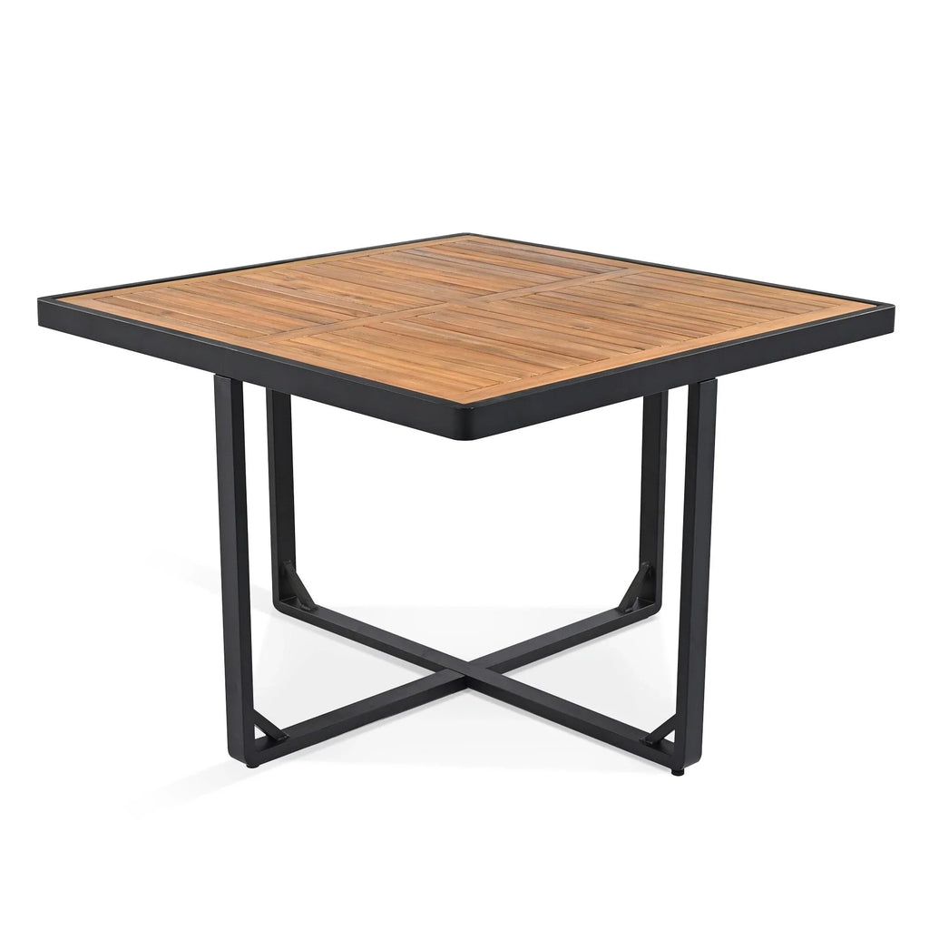 Set da pranzo da esterno in legno di acacia da 18 pezzi, 8 sedie imbottite, 8 pouf e 2 tavoli quadrati