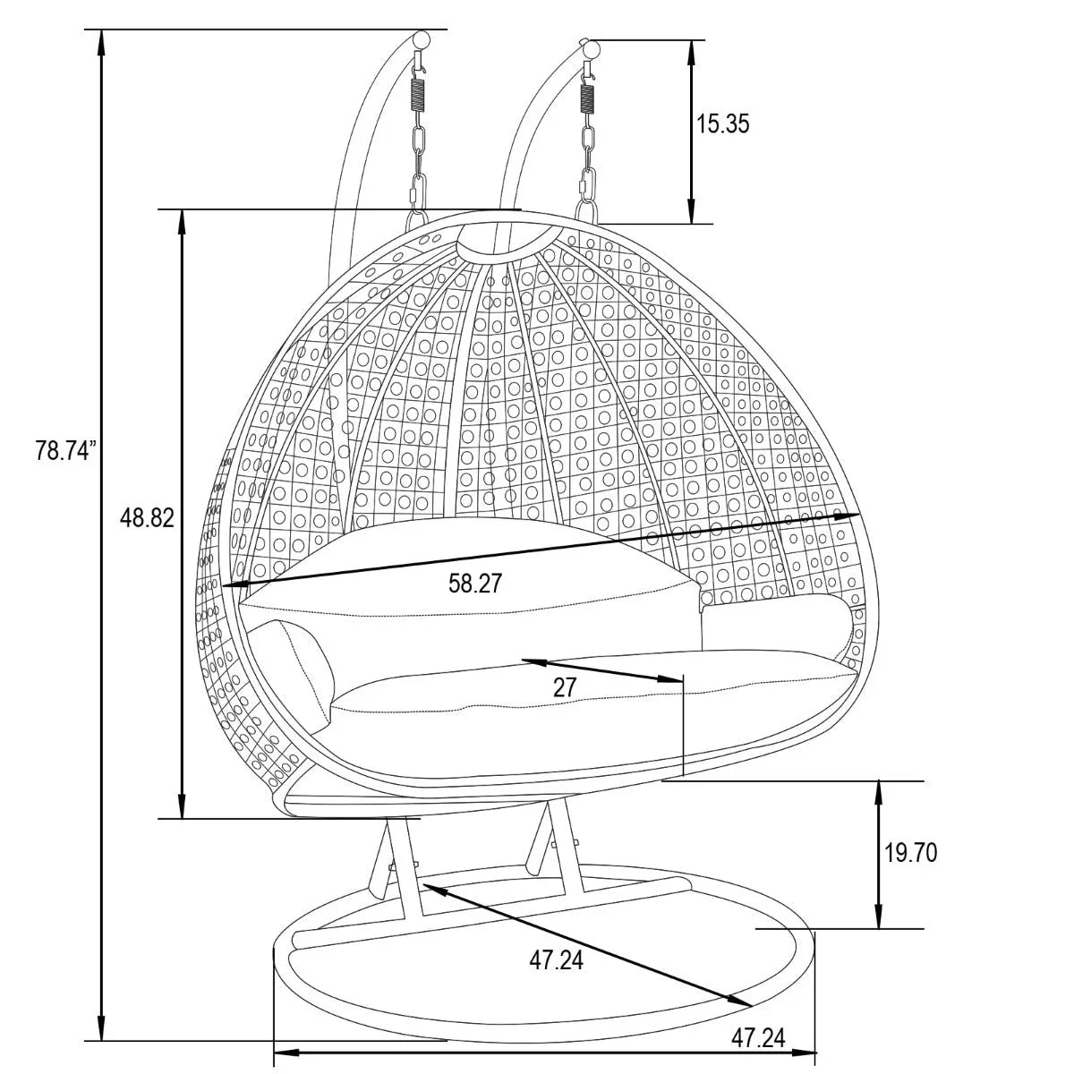 Poltrona sospesa a uovo LeisureMod per 2 persone con supporto - Altalena da patio in rattan intrecciato per esterni/interni, chaise longue con cuscini