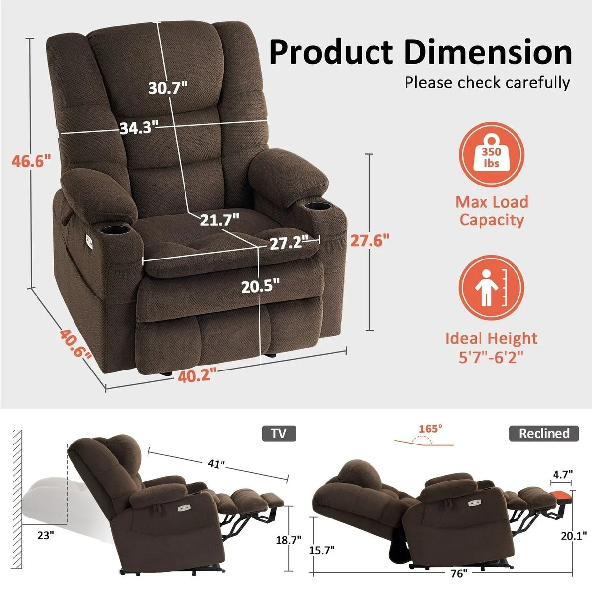 MCombo breiter Dual-Motor-Aufstehsessel mit Massage- und zweifacher Heizfunktion für große und kräftige Senioren, Stoff R7635