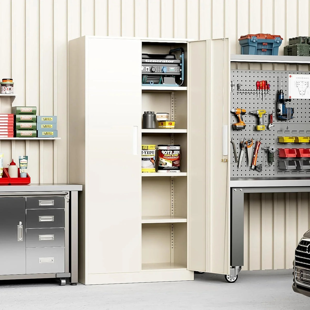 Armadio contenitore da garage alto 71 pollici con scaffalatura, dispensa da cucina e armadietto con ripiani regolabili per ufficio, garage, casa e dispensa