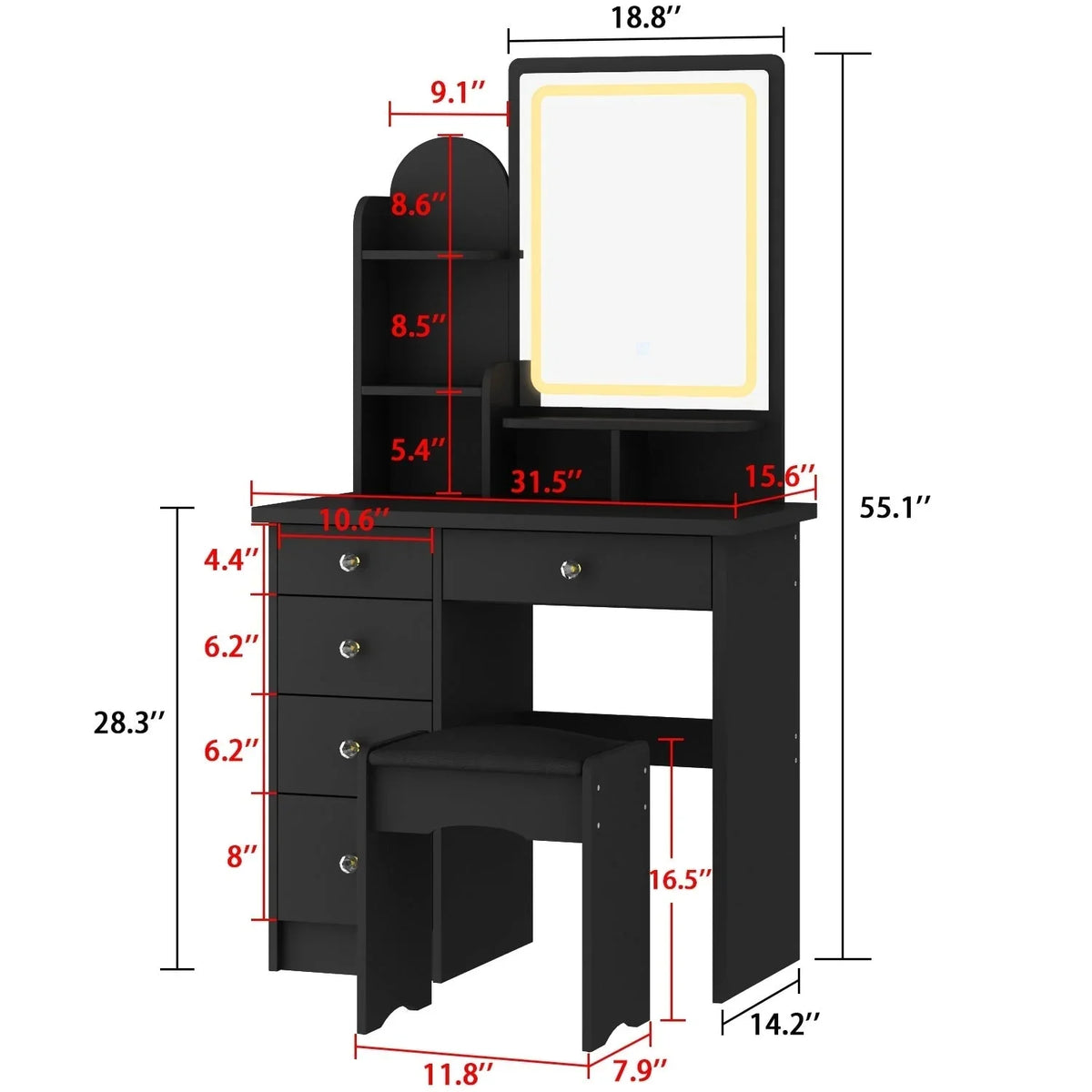 Make-uptafelset met ledverlichting, spiegel en kruk