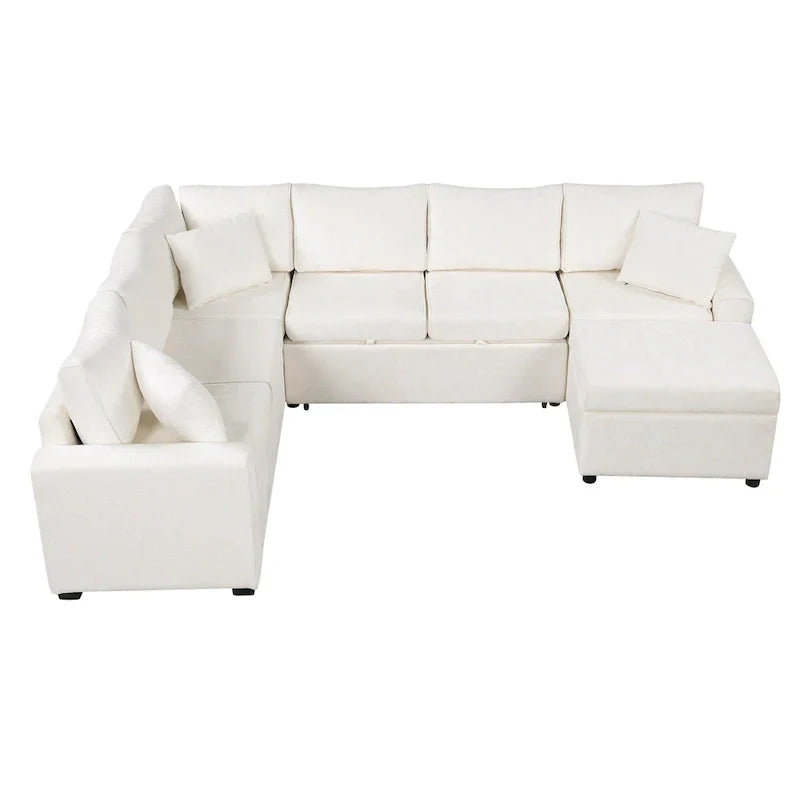 Divano componibile in ciniglia trasformabile in divano letto estraibile, divano letto ad angolo a L con pouf contenitore, 3 cuscini e dispositivi di ricarica